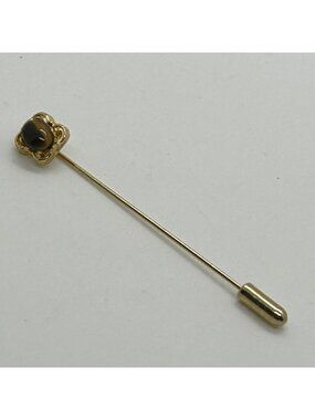 Vintage Gold Stick Pin With Ornate Filigree & Tigers Eye Gemstone For Lapel Hat
